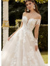 Long Sleeves Ivory Floral Lace Glitter Tulle Glamorous Wedding Dress